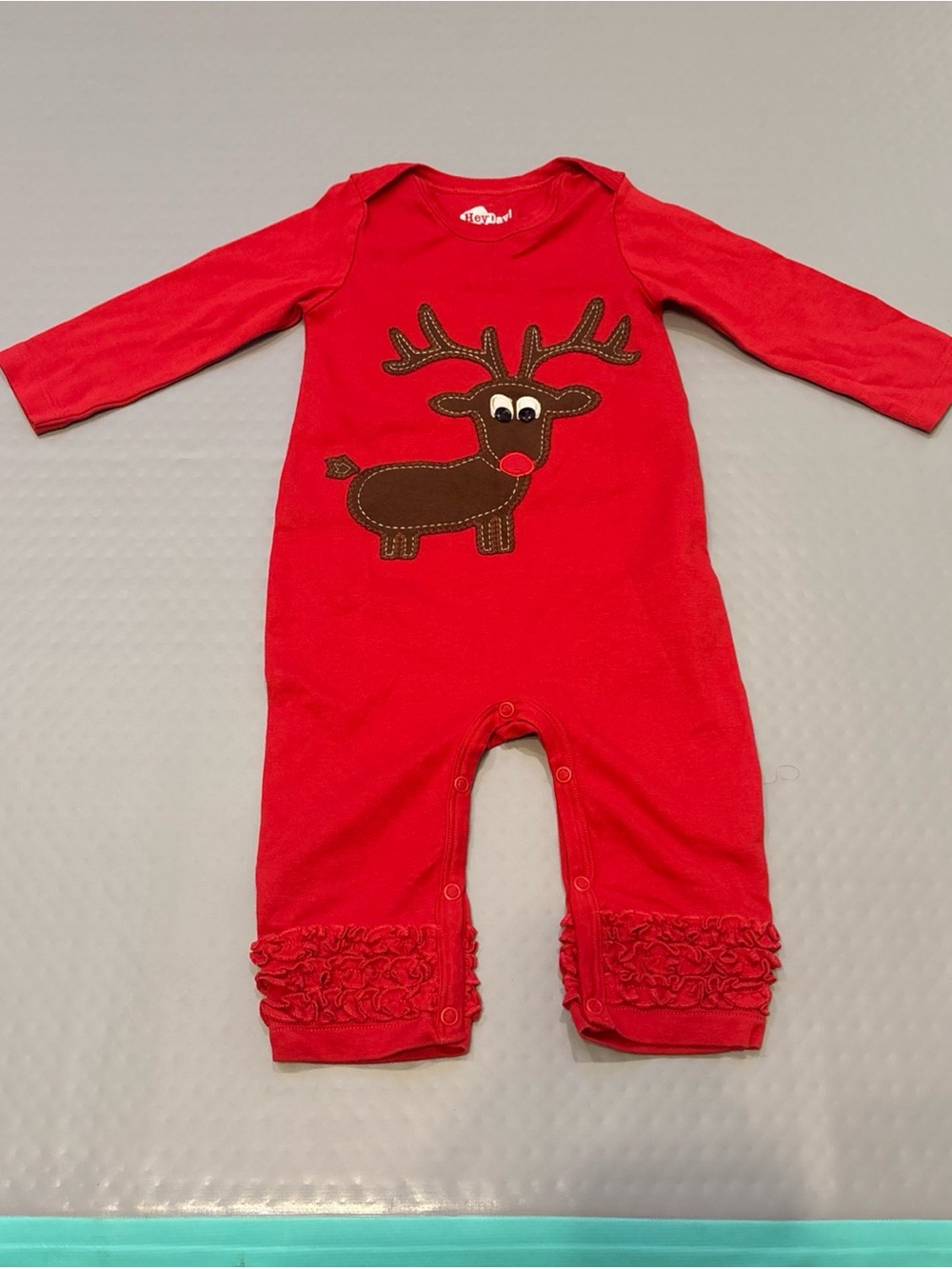 Baby Girls Hey Day! Red Christmas Reindeer One-Piece Romper Long Sleeve Ruffle